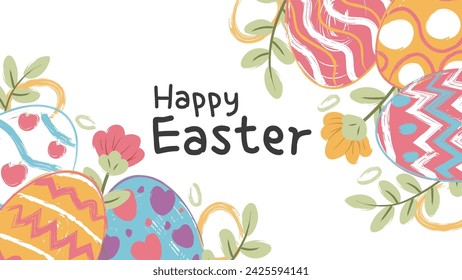 happy Easter banner, poster, greeting card. Trendy Easter design with typography, bunnies, flowers, eggs, in pastel colors. Watercolor style