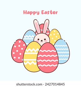 Happy Easter banner, poster, greeting card. Greeting card with Easter eggs and cute bunny. Cute easter bunny peek out behind colorful eggs