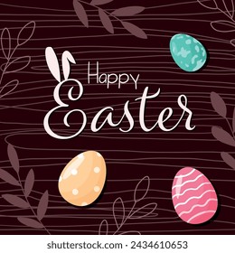 Happy Easter banner, poster, greeting card. Trendy Easter design with typography, floral elements eggs, bunny ears in pastel colors. Modern minimal style