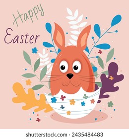 Happy Easter banner, poster, greeting card. Trendy Easter design with typography, bunnies, flowers, eggs, bunny ears, in pastel colors. Modern minimal style
