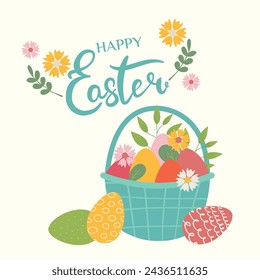 Happy Easter banner, poster, greeting card. Trendy Easter design with lettering, flowers, basket of eggs and in pastel colors on beige background. Flat vector illustration. sstkEaster