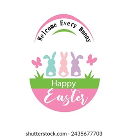 Happy Easter banner, poster, greeting card. Trendy Easter design with typography, bunnies, flowers, eggs, bunny ears, in pastel colors. Modern minimal style