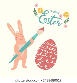 Cartel de Pascua Feliz, cartel, tarjeta de felicitación. Diseño de Pascua de moda con letras, flores, huevos y conejito feliz, en colores pastel sobre fondo beige. Ilustración vectorial plana