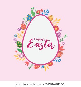 Happy Easter banner, poster, greeting card. Trendy Easter design with typography, bunnies, flowers, eggs, bunny ears, in pastel colors. Modern minimal style