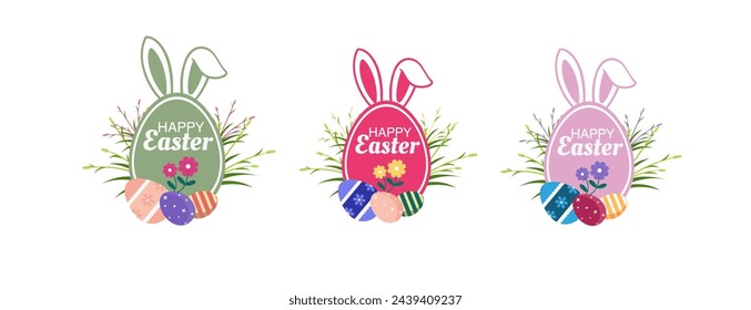 Happy Easter banner, poster, greeting card. Trendy Easter design with typography, bunnies, flowers, eggs, bunny ears, in pastel colors. Modern minimal style