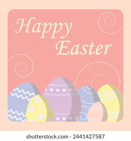 Happy Easter banner, poster, greeting card. Trendy Easter design with typography, eggs, bunny ears, in pastel colors. Modern minimal style template for social media.