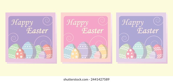 Frohe Ostern Banner, Poster, Grußkarte. Trendiges Osterdesign mit Typografie, Eiern, Häschen Ohren, in Pastellfarben. Moderne minimalistische Stilvorlage für soziale Medien.