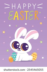 Happy Easter banner, poster, greeting card. Trendy Easter design with typography, cute bunny, flowers, eggs, bunny ears, in pastel colors. Modern minimal style