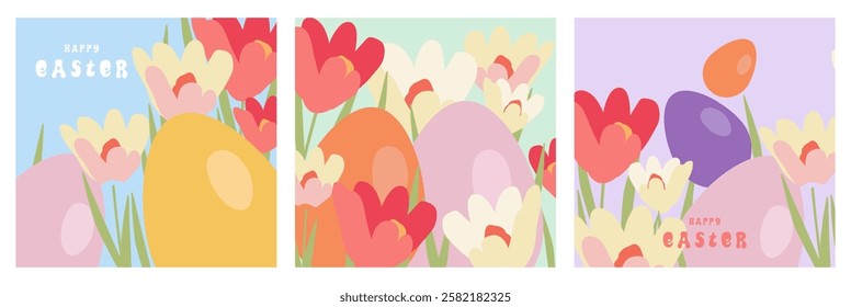 Happy Easter banner, poster, greeting card. Easter minimalist design with typography, flowers, bunnies and eggs in pastel colors. Happy Easter! Modern art minimalist style. 