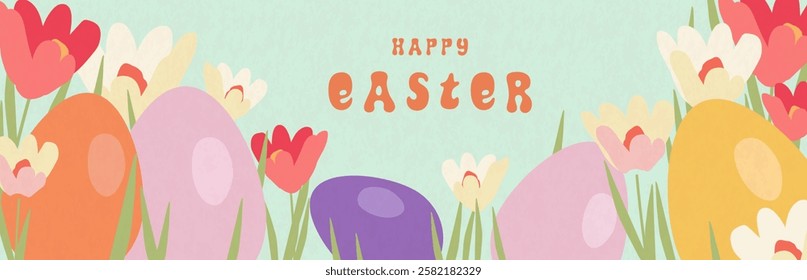 Happy Easter banner, poster, greeting card. Easter minimalist design with typography, flowers, bunnies and eggs in pastel colors. Happy Easter! Modern art minimalist style. 