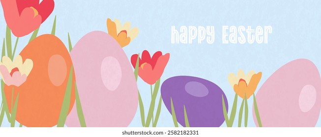 Happy Easter banner, poster, greeting card. Easter minimalist design with typography, flowers, bunnies and eggs in pastel colors. Happy Easter! Modern art minimalist style. 