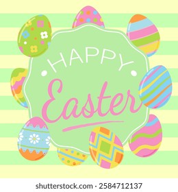 Happy Easter banner, poster, greeting card. Easter background design with lettering, Easter eggs, bunny ears, in pastel colors. Vector illustration.