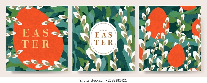 Happy Easter banner, poster, greeting card. Easter minimalist design with typography, flowers, bunnies and eggs in pastel colors. Happy Easter! Modern art minimalist style. 