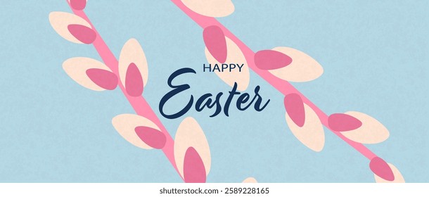 Happy Easter banner, poster, greeting card. Easter minimalist design with typography, flowers in pastel colors. Happy Easter! Modern art minimalist style. 