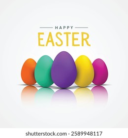 Happy Easter banner, poster, greeting card. Trendy Easter design with typography and eggs in mat colors. Modern minimal style on white background.