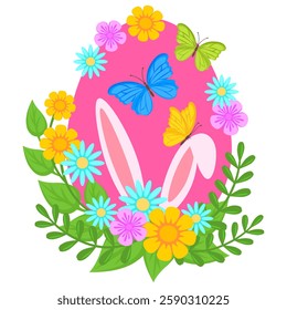 Happy Easter banner, poster, greeting card. Easter egg with decorative flowers, bunny ears and butterflies, colorful vector illustration isolated on white background.