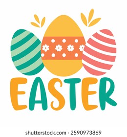 Happy Easter banner, poster, greeting card for decorative, card.Colorful illustration traditional easter eggs with text Easter. Vector illustration on white background 