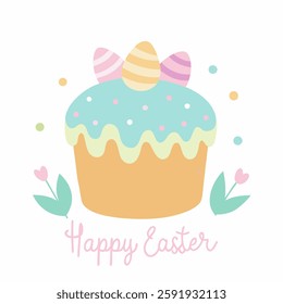 Happy Easter banner, poster, greeting card.Colorful traditional Easter cake with icing and sprinkles decorated  eggs in various colors.Vector illustration on white background 