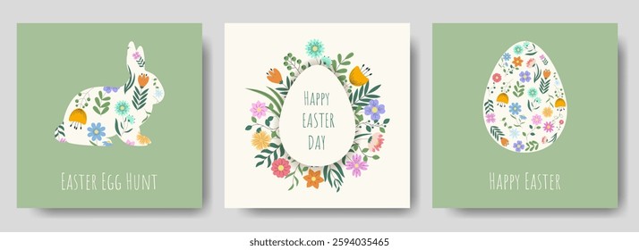 Happy Easter Banner, Poster, Greeting Card Set. Modern Easter Holiday Design with Egg, Bunny, Flowers and Holiday Typography. Cute Posters in Pastel Colors. Creative Card with Patterned Egg and Bunny.