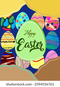 Happy Easter banner, poster, greeting card, background. abstract Trendy Easter design with typography, eggs, in colorful. Modern minimal style