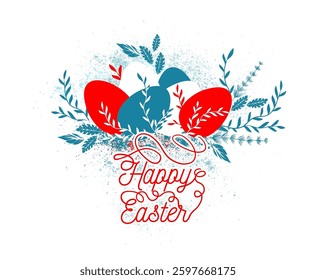 Happy Easter banner, poster, greeting card. Trendy Easter design with typography, flowers, eggs, in red and blue colors. Modern minimal style. hand drawn. Not AI, Vector illustration.