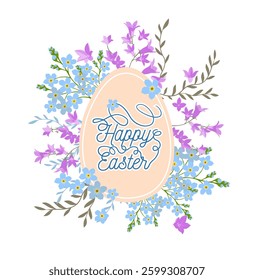 Happy Easter banner, poster, greeting card. Trendy Easter design with typography, flowers, eggs, in pastel colors. Modern minimal style. hand drawn. Not AI, Vector illustration.