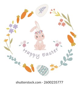 Happy Easter banner, poster, greeting card. Trendy Easter design with typography, bunny, flowers, eggs in pastel colors. Modern minimal style