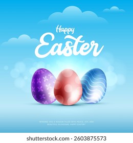 Happy Easter banner, poster, greeting card. Trendy Easter design with typography, bunniess. Easter poster and banner template with Easter eggs . Holiday social media banner template design.