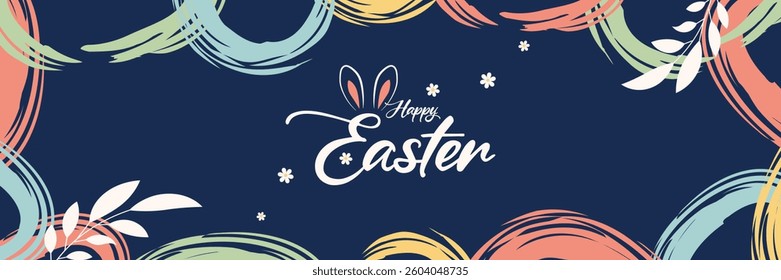 Happy Easter banner, poster, greeting card. Trendy Easter design with typography, bunniess. Easter poster and banner template with Easter eggs . Holiday social media banner template design.