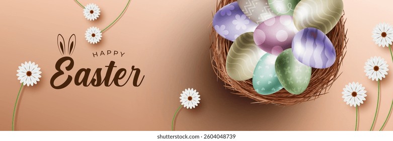 Happy Easter banner, poster, greeting card. Trendy Easter design with typography, bunniess. Easter poster and banner template with Easter eggs . Holiday social media banner template design.