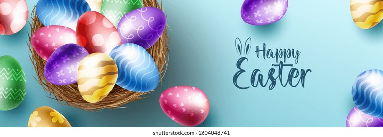 Happy Easter banner, poster, greeting card. Trendy Easter design with typography, bunniess. Easter poster and banner template with Easter eggs . Holiday social media banner template design.