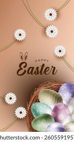 Happy Easter banner, poster, greeting card. Trendy Easter design with typography, bunniess. Easter poster and banner template with Easter eggs . Holiday social media banner template design.