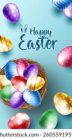 Happy Easter banner, poster, greeting card. Trendy Easter design with typography, bunniess. Easter poster and banner template with Easter eggs . Holiday social media banner template design.