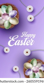 Happy Easter banner, poster, greeting card. Trendy Easter design with typography, bunniess. Easter poster and banner template with Easter eggs . Holiday social media banner template design.