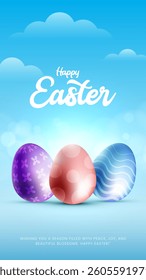 Happy Easter banner, poster, greeting card. Trendy Easter design with typography, bunniess. Easter poster and banner template with Easter eggs . Holiday social media banner template design.