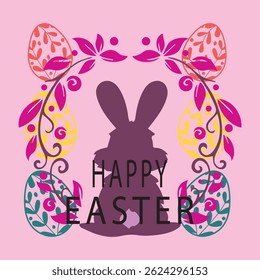 Happy Easter banner, poster, greeting card. Trendy Easter design with typography, bunnies, flowers, eggs, bunny ears, in pastel colors. Modern minimal style