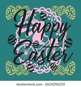 Happy Easter banner, poster, greeting card. Trendy Easter design with typography, bunnies, flowers, eggs, bunny ears, in pastel colors. Modern minimal style