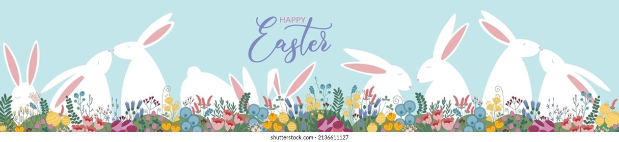 Cartel o afiche feliz de Pascua. Saludos y regalos para el Día de Pascua. Plantilla de promoción y compras para Pascua. Conejos blancos con flores silvestres. Ilustración vectorial dibujada a mano.