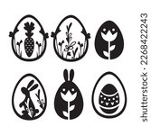 Happy Easter banner, poster, postcard, greeting card. Trendy Easter design with typography, bunnies, flowers, eggs, bunny ears, in pastel colors. Modern minimal style, Rabbit Icons. Cut files