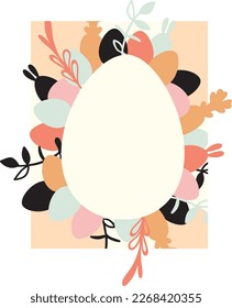 Happy Easter banner, poster, postcard, greeting card. Trendy Easter design with typography, bunnies, flowers, eggs, bunny ears, in pastel colors. Modern minimal style, Rabbit Icons. Easter frame