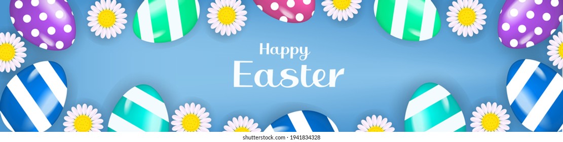 Happy Easter banner poster with realistic Easter eggs and flowers. Spring cute template for your design. Vector illustration
