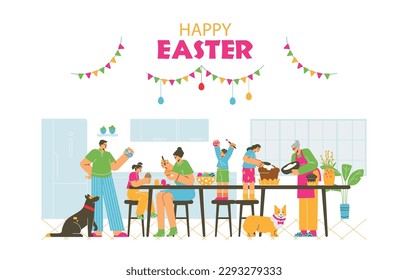 Happy Easter banner or poster template with family decorating eggs, flat vector illustration isolated on white background. People preparing for Easter celebration.