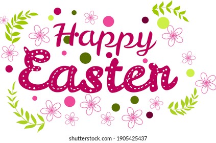 Happy easter banner and poster templte with lettering, flowers and leaves, isolated on a white background