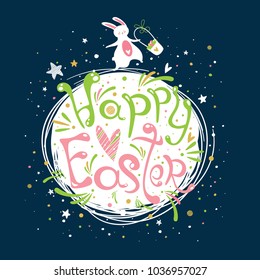 Happy Easter banner or print with cute hand drawn text and Bunny in vector. Inspirational poster. Spring trendy background. Seasonal greeting card