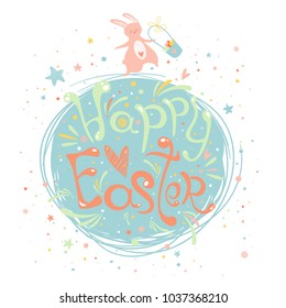 Happy Easter banner or print with cute hand drawn text and Bunny in vector. Inspirational poster. Spring trendy background. Seasonal greeting card