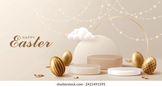 Happy Easter banner for product demonstration. Beige pedestal or podium with golden eggs and confetti on beige background.