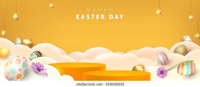 Happy easter banner with product display cylindrical shape and festive decoration for easter day.