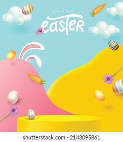 Happy easter banner product display with copy space. Traditional colored easter eggs with different ornaments. 