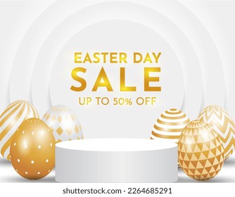 Happy easter banner with product display cylindrical shape tone luxury gold color