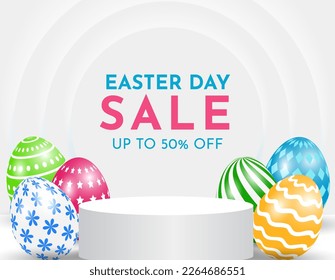 Happy easter banner with product display cylindrical shape and colorful eggs